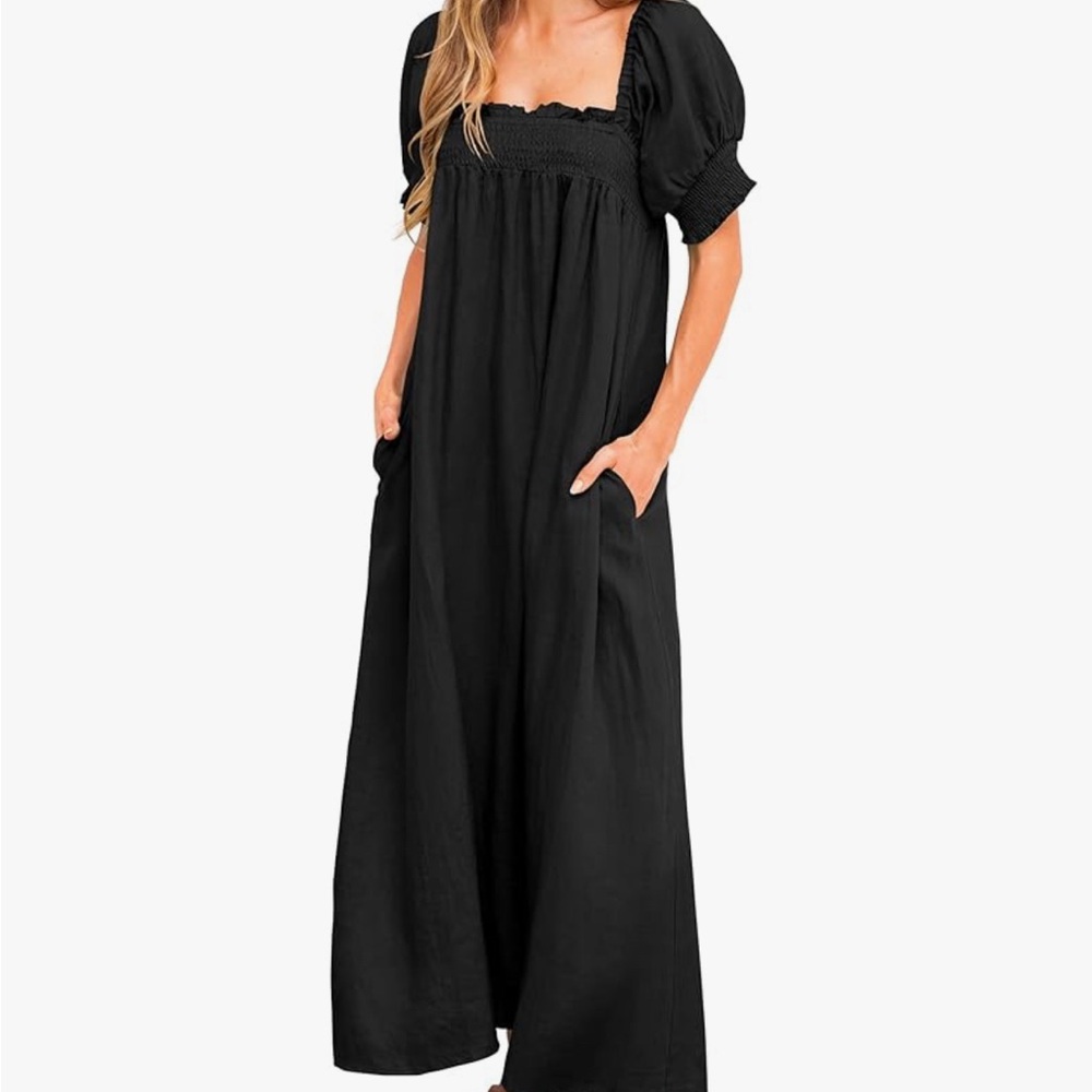 KIRUNDO Maxi Dress Loose Puff Sleeve Square Neck Flowy Long Beach Dress Pockets